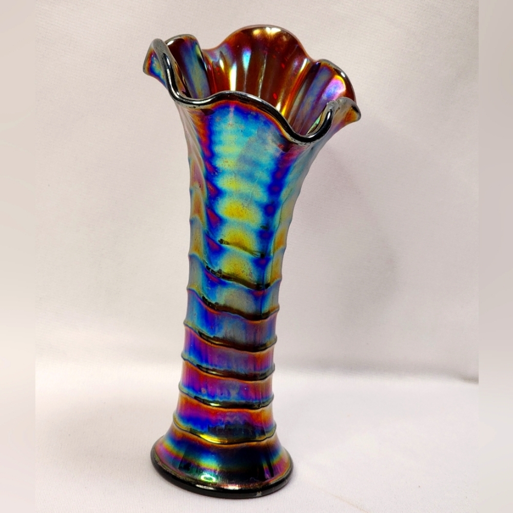Antique Imperial Carnival Glass Blue Purple And Green Glass Vase